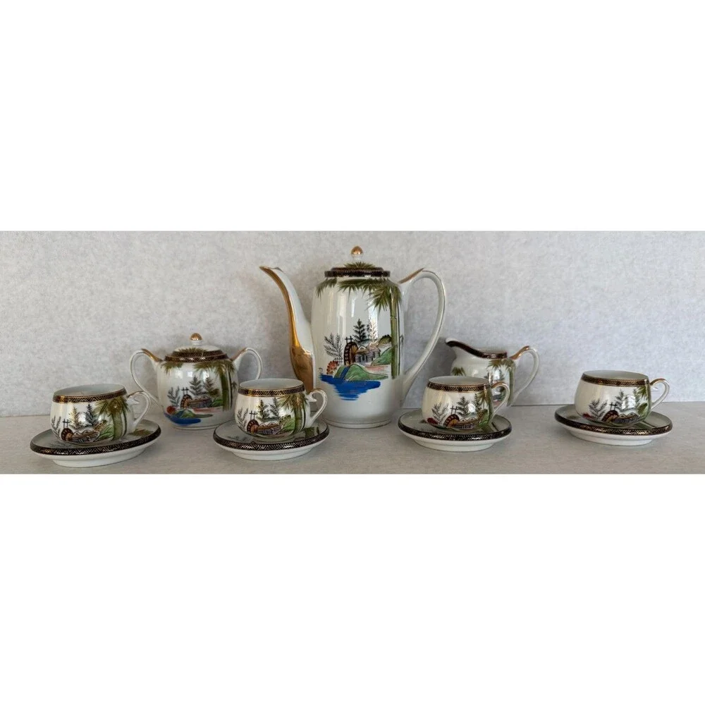 Kutani Lithophane Tea Set, Geisha Demitasse Cups